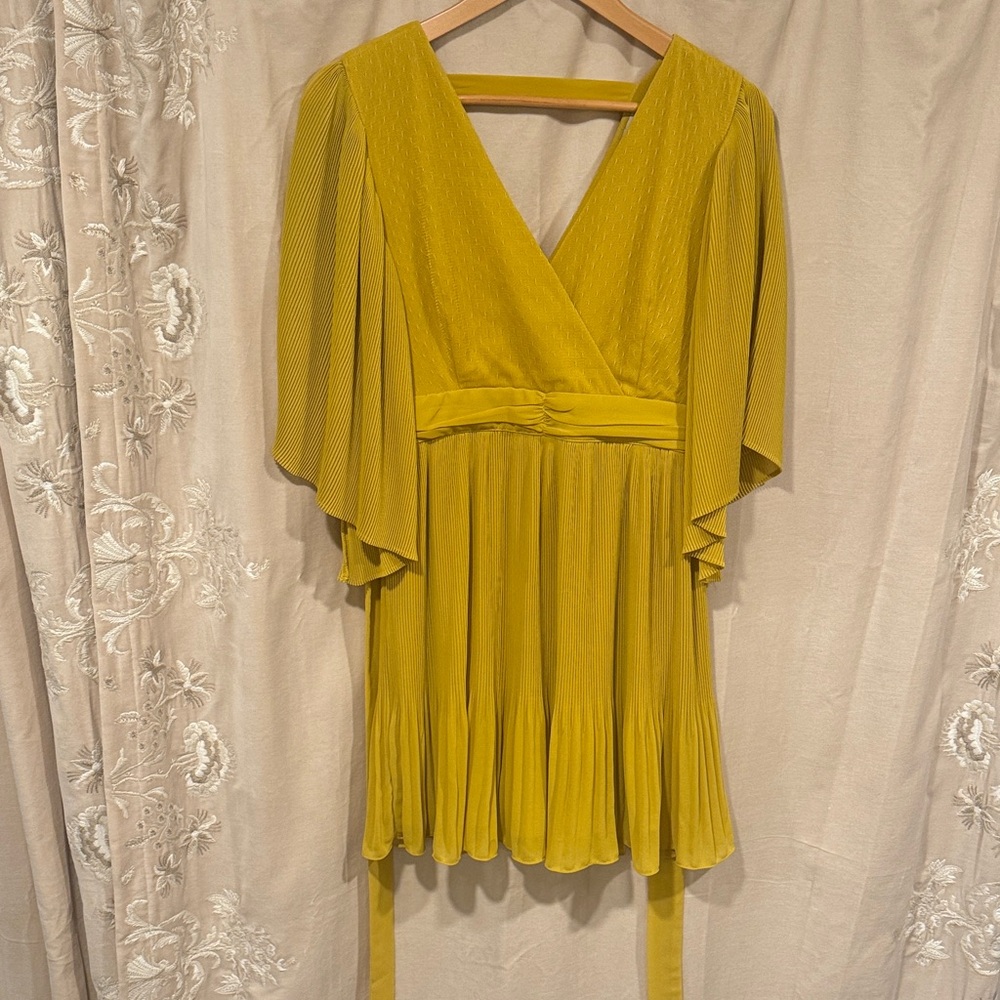 Chartreuse V-Neck Dress with Flowy Sleeves